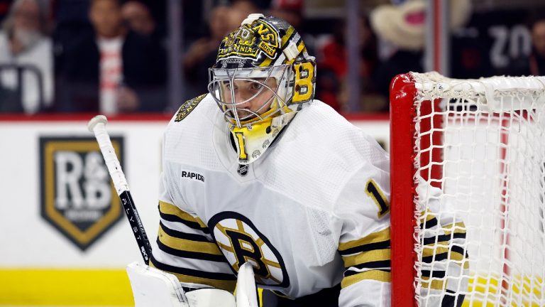 Boston Bruins goaltender Jeremy Swayman (1) watches the puck against the Carolina Hurricanes during the second period of an NHL hockey game in Raleigh, N.C., Thursday, April 4, 2024. (Karl B DeBlaker/AP)