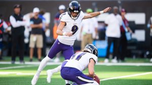 Baltimore Ravens place kicker Justin Tucker (9) kicks a field goal to win the game in overtime during an NFL football game against the Cincinnati Bengals on Sunday, Oct. 6, 2024, in Cincinnati. (AP Photo/Emilee Chinn)