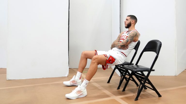 Chicago Bulls guard Lonzo Ball waits to be photographed during the team's media day Monday, Sept. 30, 2024, in Chicago. (Charles Rex Arbogast/AP)