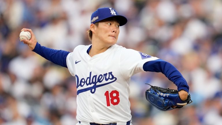 Los Angeles Dodgers starting pitcher Yoshinobu Yamamoto throws to a San Diego Padres batter during the second inning in Game 5 of a baseball NL Division Series Friday, Oct. 11, 2024, in Los Angeles. (Ashley Landis/AP)