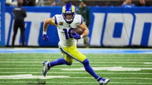 Los Angeles Rams wide receiver Cooper Kupp (10) runs the ball against the Detroit Lions during an NFL football game in Detroit, Sunday, Sept. 8, 2024. (Rick Osentoski/AP)