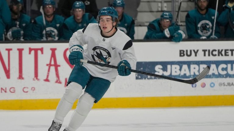 San Jose Sharks' Macklin Celebrini takes part in a scrimmage at the NHL hockey team's practice facility in San Jose, Calif., Thursday, Sept. 19, 2024. (Jeff Chiu/AP Photo)