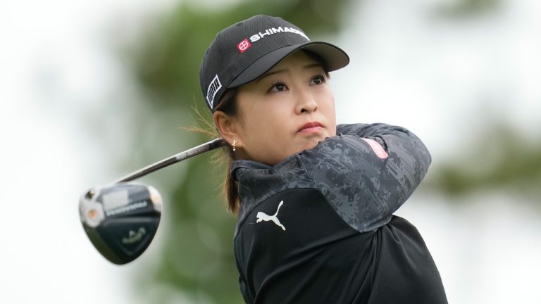 Mao Saigo of Japan watches her tee shot on the sixth hole during the third round of the LPGA Ladies Championship golf tournament at the Seowon Valley Country Club in Paju, South Korea, Saturday, Oct. 19, 2024. (Lee Jin-man/AP)