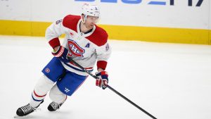 Montreal Canadiens defenceman Mike Matheson (8) in action during the third period of an NHL hockey game against the Washington Capitals, Tuesday, Feb. 6, 2024, in Washington (Nick Wass/AP Photo)