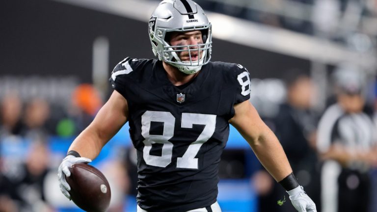 Las Vegas Raiders tight end Michael Mayer (87) warms up before an NFL football game against the Los Angeles Chargers, Thursday, Dec. 14, 2023, in Las Vegas. (AP Photo/Steve Marcus)