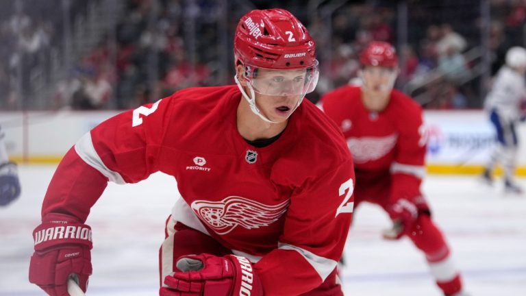 Detroit Red Wings defenseman Olli Maatta (2) plays against the Toronto Maple Leafs in the first period of an preseason NHL hockey game Thursday, Oct. 3, 2024, in Detroit. (Paul Sancya/AP)