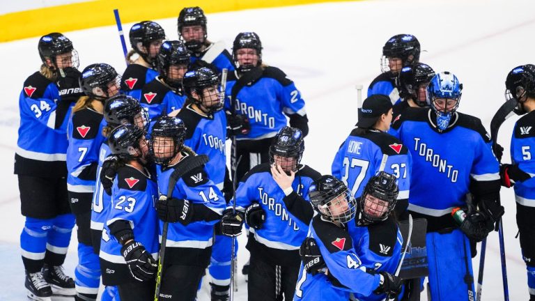 Toronto Brittany Howard (41) and Jocelyne Larocque (3) react with teammates after losing to Minnesota in Game 5 of a PWHL hockey playoff series in Toronto, on Friday, May 17, 2024. (Mark Blinch/CP Photo)