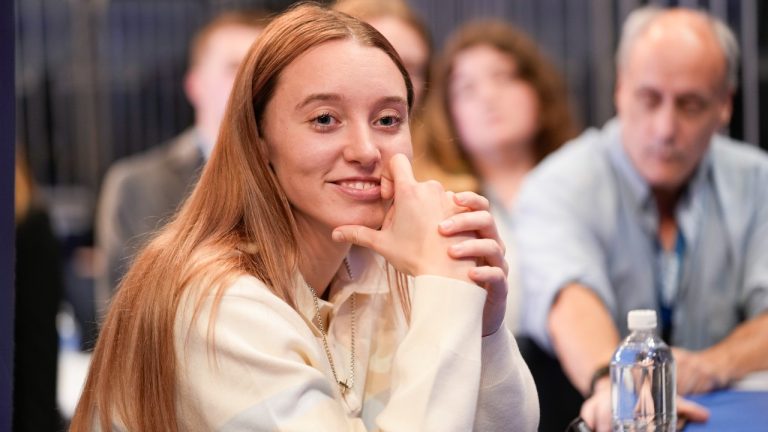 UConn basketball player Paige Bueckers talks to reporters during the Big East NCAA college basketball media day in New York, Wednesday, Oct. 23, 2024. (AP Photo/Seth Wenig)