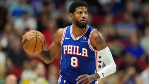 Philadelphia 76ers forward Paul George drives up court during the first half of an NBA preseason basketball game against the Minnesota Timberwolves, Friday, Oct. 11, 2024, in Des Moines, Iowa. (Charlie Neibergall/AP)