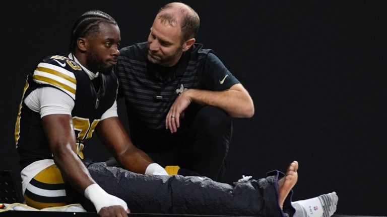 New Orleans Saints cornerback Paulson Adebo (29) is carted off the field after getting injured during the first half of an NFL football game against the Denver Broncos, Thursday, Oct. 17, 2024, in New Orleans. (Gerald Herbert/AP)