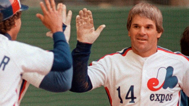 Pete Rose celebrated his 4,000th career hit with the Montreal Expos against the Philadelphia Phillies at Olympic Stadium in Montreal on April 13, 1984. (CP/Ron Polin)