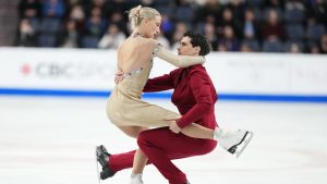 Ice dancers Piper Gilles and Paul Poirier of Canada compete in the free dance event at the Skate Canada International figure skating competition in Halifax on Sunday, October 27, 2024. (CP/Darren Calabrese)