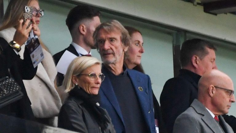 Manchester United owner Sir Jim Ratcliffe, center, looks out from the stands prior the English Premier League soccer match between Aston Villa and Manchester United, at Villa Park in Birmingham, England, Sunday, Oct. 6, 2024. (AP/Rui Vieira)