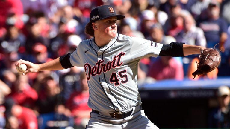 Detroit Tigers' Reese Olson (45) pitches in the third inning during Game 1 of baseball's AL Division Series against the Cleveland Guardians, Saturday, Oct. 5, 2024, in Cleveland. (AP/Phil Long)