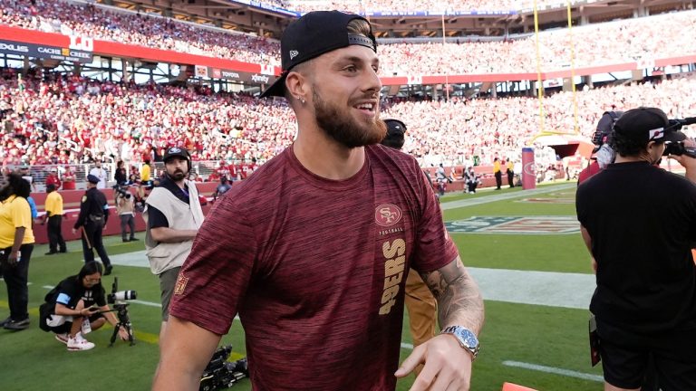 San Francisco 49ers wide receiver Ricky Pearsall walks on the field during an NFL football game between the San Francisco 49ers and the New York Jets in Santa Clara, Calif., Monday, Sept. 9, 2024. (AP/Godofredo A. Vásquez)