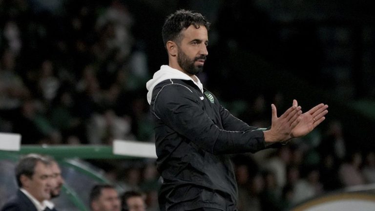 Sporting's head coach Ruben Amorim, who Manchester United has expressed an interest in hiring, claps his hands during a Portuguese League Cup soccer match. (AP Photo/Ana Brigida)