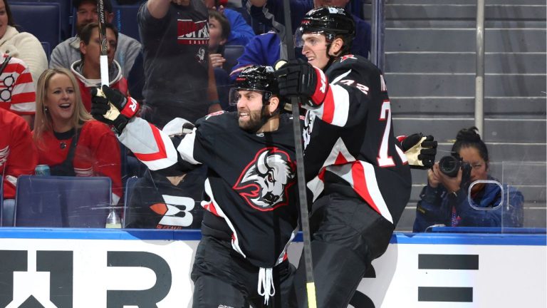 Buffalo Sabres left wing Jason Zucker (17) celebrates his goal with centre Tage Thompson (72) during the first period of an NHL hockey game against the Detroit Red Wings Saturday, Oct. 26, 2024, in Buffalo, N.Y. (Jeffrey T. Barnes/AP Photo)