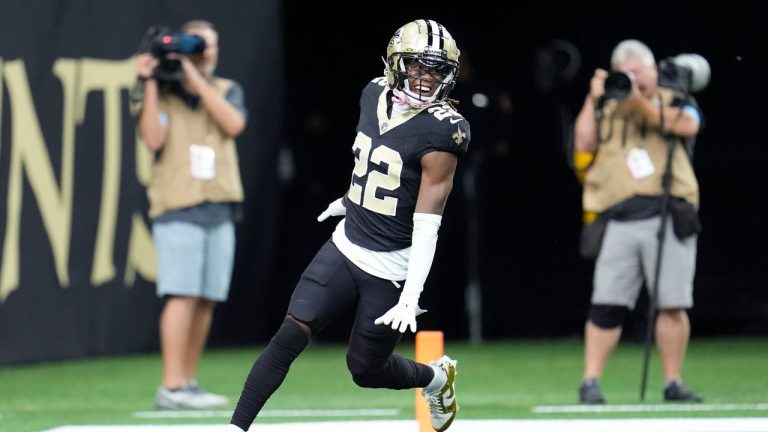 New Orleans Saints' Rashid Shaheed celebrates after returning a punt for a touchdown against the Tampa Bay Buccaneers during the first half of an NFL football game in New Orleans, Sunday, Oct. 13, 2024. (Michael Conroy/AP Photo)