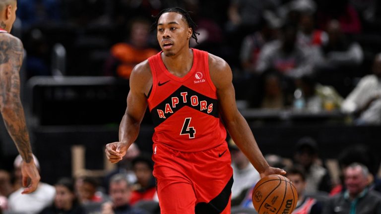 Toronto Raptors forward Scottie Barnes (4) in action during the first half of an NBA preseason basketball game against the Washington Wizards, Friday, Oct. 11, 2024, in Washington. (Nick Wass/AP)