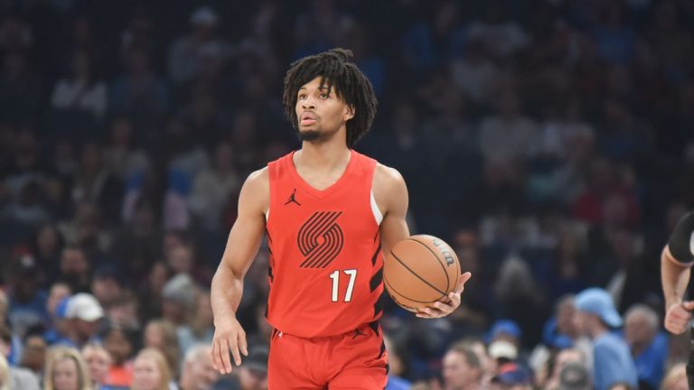 Portland Trail Blazers guard Shaedon Sharpe pushes down the court in the first half of an NBA basketball game against the against the Oklahoma City Thunder, Thursday, Jan. 11, 2024, in Oklahoma City. (Kyle Phillips/AP Photo)