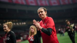 Canada's Christine Sinclair leaves the field after Canada defeated Australia 1-0 in her final international soccer match, in Vancouver, on Tuesday, December 5, 2023. (Darryl Dyck/CP Photo)