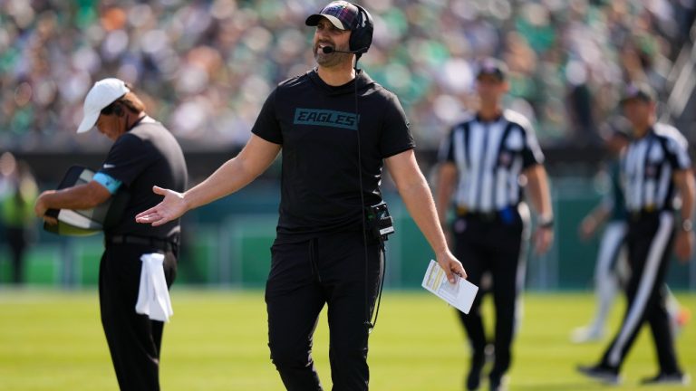 Philadelphia Eagles head coach Nick Sirianni reacts during the first half of an NFL football game against the Cleveland Browns on Sunday, Oct. 13, 2024, in Philadelphia. (Matt Slocum/AP)