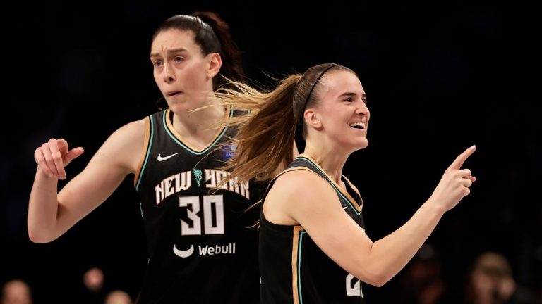 New York Liberty guard Sabrina Ionescu (20) reacts during the first half of a WNBA basketball first-round playoff game against the Atlanta Dream Tuesday, Sept. 24, 2024, in New York. (Adam Hunger/AP Photo)