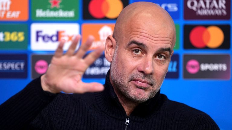 Manchester City manager Pep Guardiola attends the press conference, a day before the Champions League soccer match against Sparta Praha, at the City Football Academy in Manchester, England, Tuesday, Oct. 22, 2024. (Martin Rickett/PA via AP)