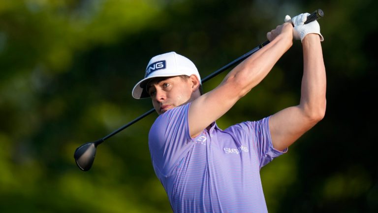 Taylor Moore watches his tee shot on the 10th hole during the first round of the 3M Open golf tournament at the Tournament Players Club, Thursday, July 25, 2024, in Blaine, Minn. (Charlie Neibergall/AP)