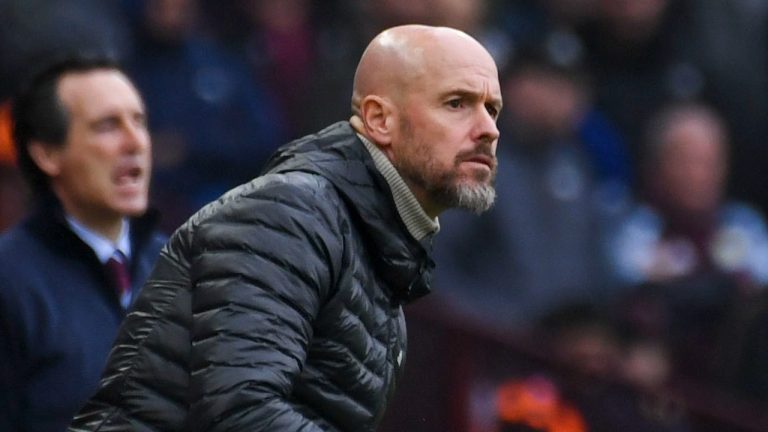 Manchester United's head coach Erik ten Hag, front, and Aston Villa's head coach Unai Emery react during the English Premier League soccer match between Aston Villa and Manchester United, at Villa Park in Birmingham, England, Sunday, Oct. 6, 2024. (AP/Rui Vieira)