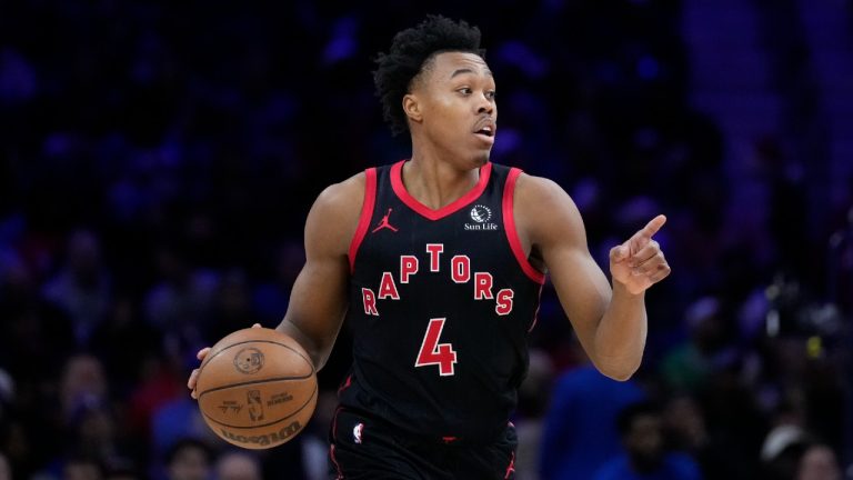 Toronto Raptors' Scottie Barnes plays during an NBA basketball game, Friday, Dec. 22, 2023, in Philadelphia. (Matt Slocum/AP)