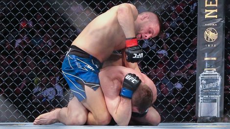 Patrick-Sabatini,-top,-punches-down-on-Tristan-Connelly-during-a-UFC-261-mixed-martial-arts-bout