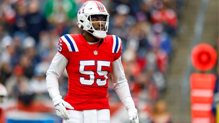 New England Patriots linebacker Joshua Uche (55) reacts during the second half of an NFL football game against the Houston Texans, Sunday, Oct. 13, 2024, in Foxborough, Mass. (Greg M. Cooper/AP Photo)