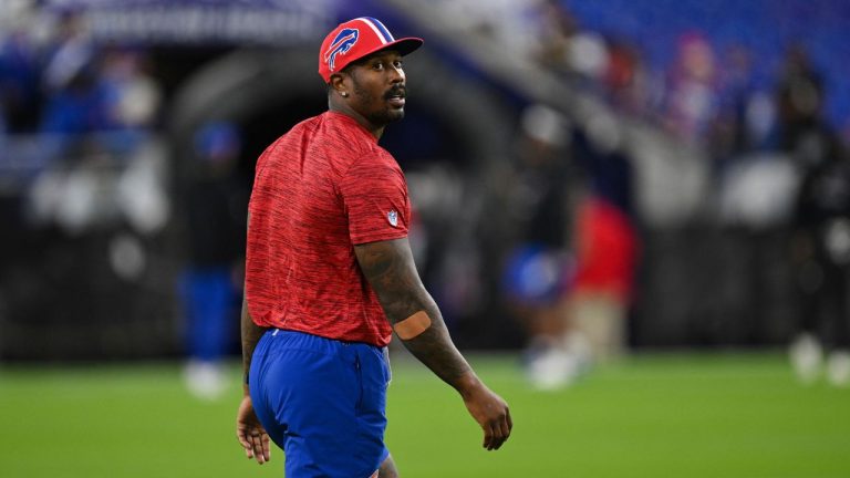 Buffalo Bills linebacker Von Miller looks on during pre-game warm-ups before an NFL football game against the Baltimore Ravens, Sunday, Sept. 29, 2024, in Baltimore. (Terrance Williams/AP Photo)