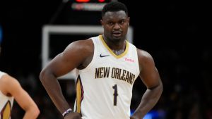 New Orleans Pelicans forward Zion Williamson (1) during the first half of an NBA basketball game against the Phoenix Suns, Sunday, April 7, 2024, in Phoenix. (Rick Scuteri/AP Photo)