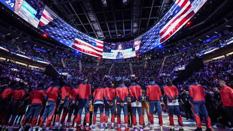 Los Angeles Clippers players listen to the national anthem before an NBA pre-season basketball game against the Dallas Mavericks at Intuit Dome in Inglewood, Calif., Monday, Oct. 14, 2024. (Jae C. Hong/AP)