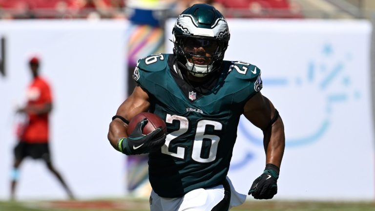 Philadelphia Eagles' Saquon Barkley runs during the second half of an NFL football game against the Tampa Bay Buccaneers, Sunday, Sept. 29, 2024, in Tampa, Fla. (Jason Behnken/AP)