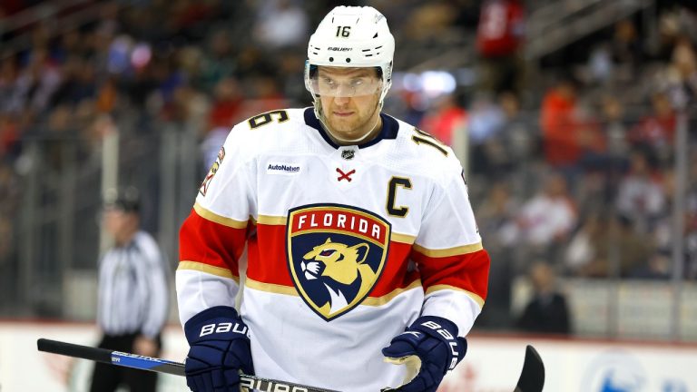 Florida Panthers centre Aleksander Barkov (16) during the second period of an NHL hockey game against the New Jersey Devils, Tuesday, March 5, 2024, in Newark, N.J. (Noah K. Murray/AP)