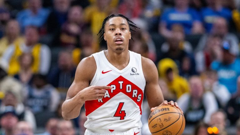 Toronto Raptors forward Scottie Barnes (4) during an NBA basketball game in Indianapolis, Monday, Feb. 26, 2024. (Doug McSchooler/AP Photo)