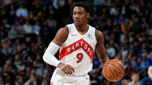 Toronto Raptors guard RJ Barrett (9) in the second half of an NBA basketball game Monday, March 11, 2024, in Denver. (David Zalubowski/AP)