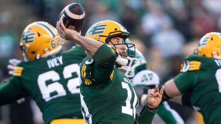 Edmonton Elks quarterback McLeod Bethel-Thompson (10) makes a pass against the Saskatchewan Roughriders during first half CFL action in Edmonton, on Saturday October 5, 2024. (Jason Franson/CP)