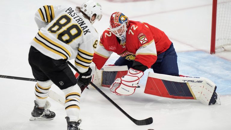 Boston Bruins right wing David Pastrnak (88) attempts a shot at Florida Panthers goaltender Sergei Bobrovsky (72) during the third period of Game 1 of the second-round series of the Stanley Cup Playoffs, Monday, May 6, 2024, in Sunrise, Fla. (Wilfredo Lee/AP)