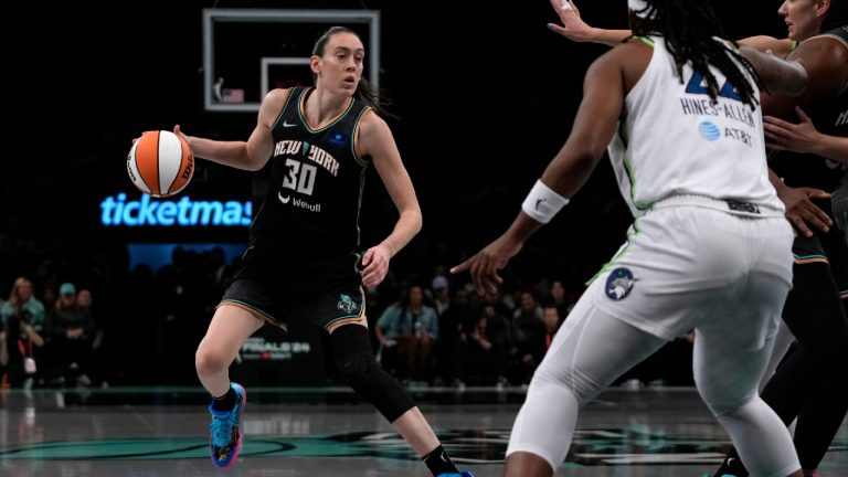 New York Liberty's Breanna Stewart dribbles the ball during the first half in Game 1 of a WNBA basketball final playoff series against the Minnesota Lynx, Thursday, Oct. 10, 2024, in New York. (Pamela Smith/AP)