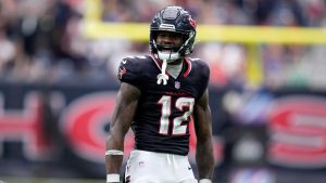 Houston Texans wide receiver Nico Collins celebrates a first down during the second half of an NFL game against the Jacksonville Jaguars, Sunday, Sept. 29, 2024, in Houston. (AP)