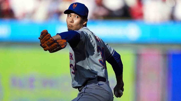 New York Mets' Kodai Senga pitches during the first inning of Game 1 of a baseball NL Division Series against the Philadelphia Phillies, Saturday, Oct. 5, 2024, in Philadelphia. (Chris Szagola/AP)