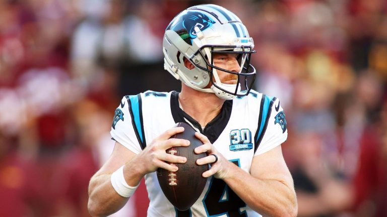 Carolina Panthers quarterback Andy Dalton (14) sets to throw during an NFL football game against the Washington Commanders, Sunday, October 20, 2024 in Landover. (Daniel Kucin Jr./AP)