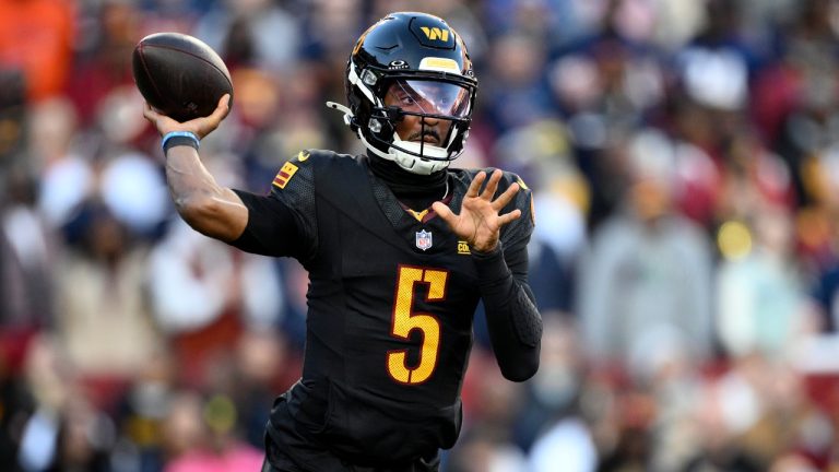 Washington Commanders quarterback Jayden Daniels passes against the Chicago Bears in the first half of an NFL football game Sunday, Oct. 27, 2024, in Landover, Md. (Nick Wass/AP)