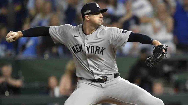 New York Yankees relief pitcher Clay Holmes throws during the eighth inning in Game 4 of an American League Division baseball playoff series against the Kansas City Royals Thursday, Oct. 10, 2024, in Kansas City, Mo. (Reed Hoffmann/AP)