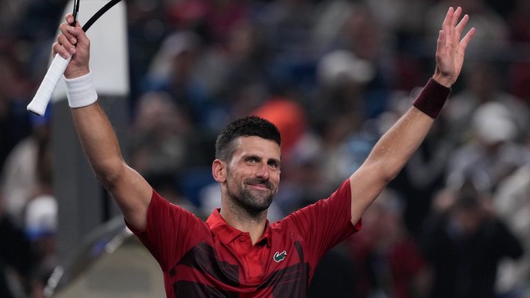 Novak Djokovic of Serbia celebrates after defeating Jake Mensik of the Czech Republic in the men's singles quarterfinals match of the Shanghai Masters tennis tournament at Qizhong Forest Sports City Tennis Center in Shanghai, China, Friday, Oct. 11, 2024. (Andy Wong/AP)