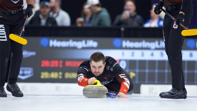 Matt Dunstone delivers a rock during the HearingLife Tour Challenge on Tuesday, Oct. 1, 2024, in Charlottetown. (Anil Mungal/GSOC)